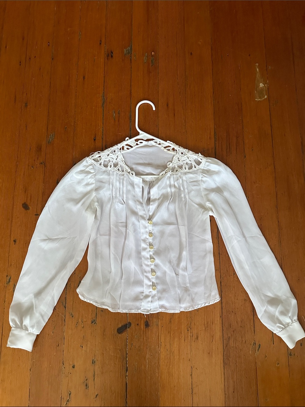 Vintage 70's Boho Lace Yoke Patchwork Long Cuff Sleeve White Button Up Blouse